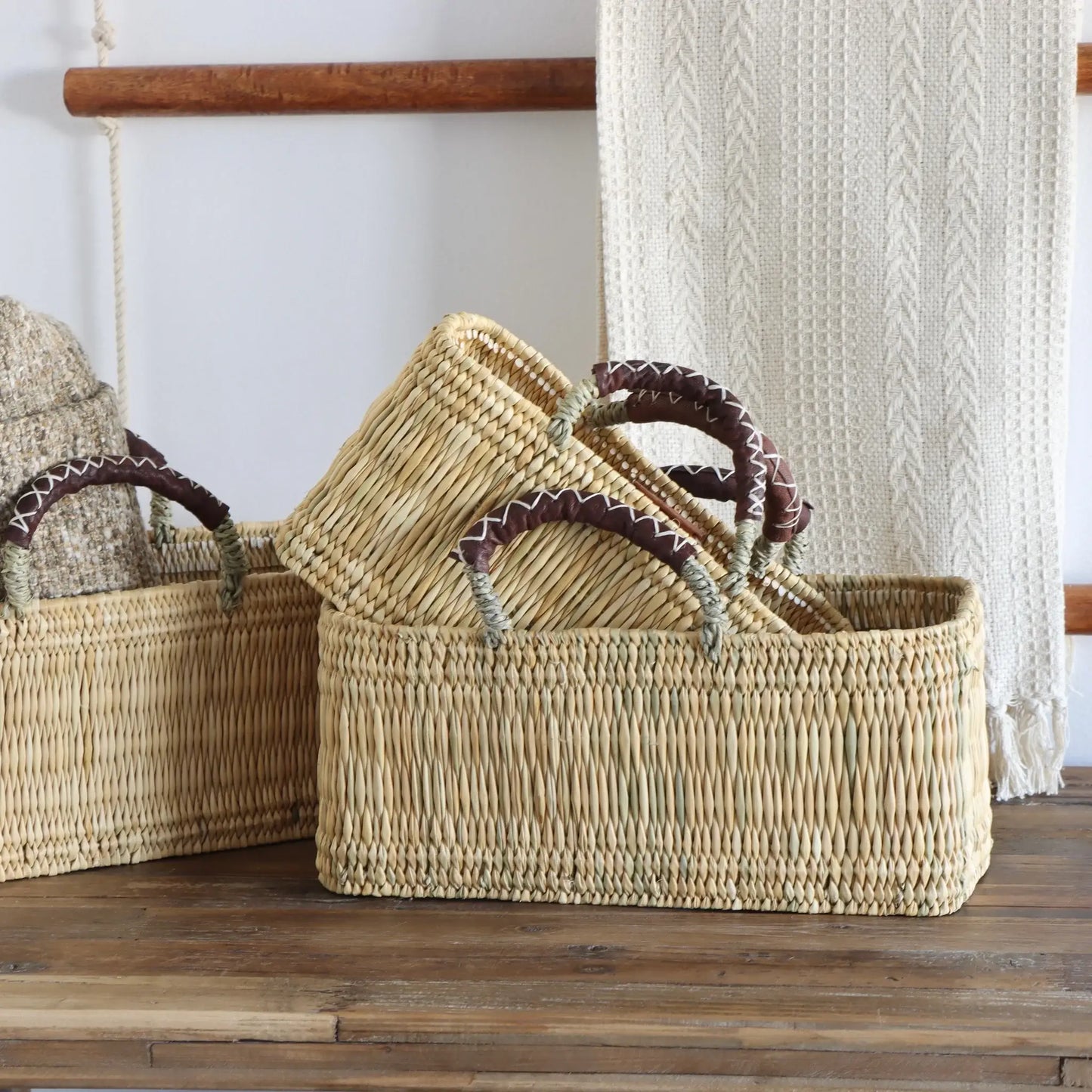 Market Reed Storage & Leather Baskets Shopping Bag