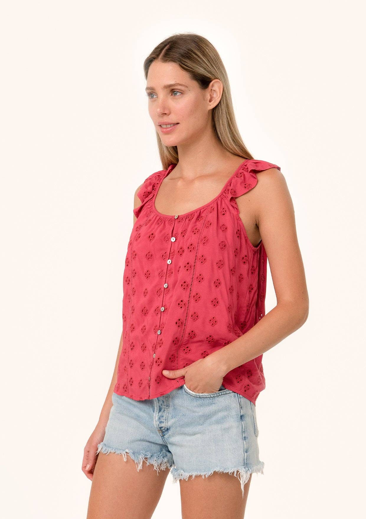 Eyelet Ruffle Strap Scoop Neck Tank Top