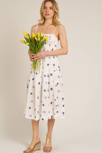 Spaghetti Strap Midi Dress with Embroidered Flower Detail