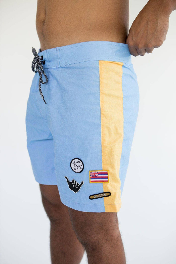 Men's Boardshorts in Light Blue and Yellow Colorblock Patch