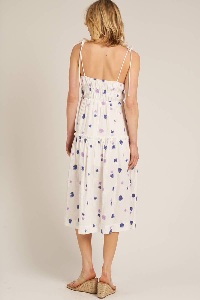 Spaghetti Strap Midi Dress with Embroidered Flower Detail