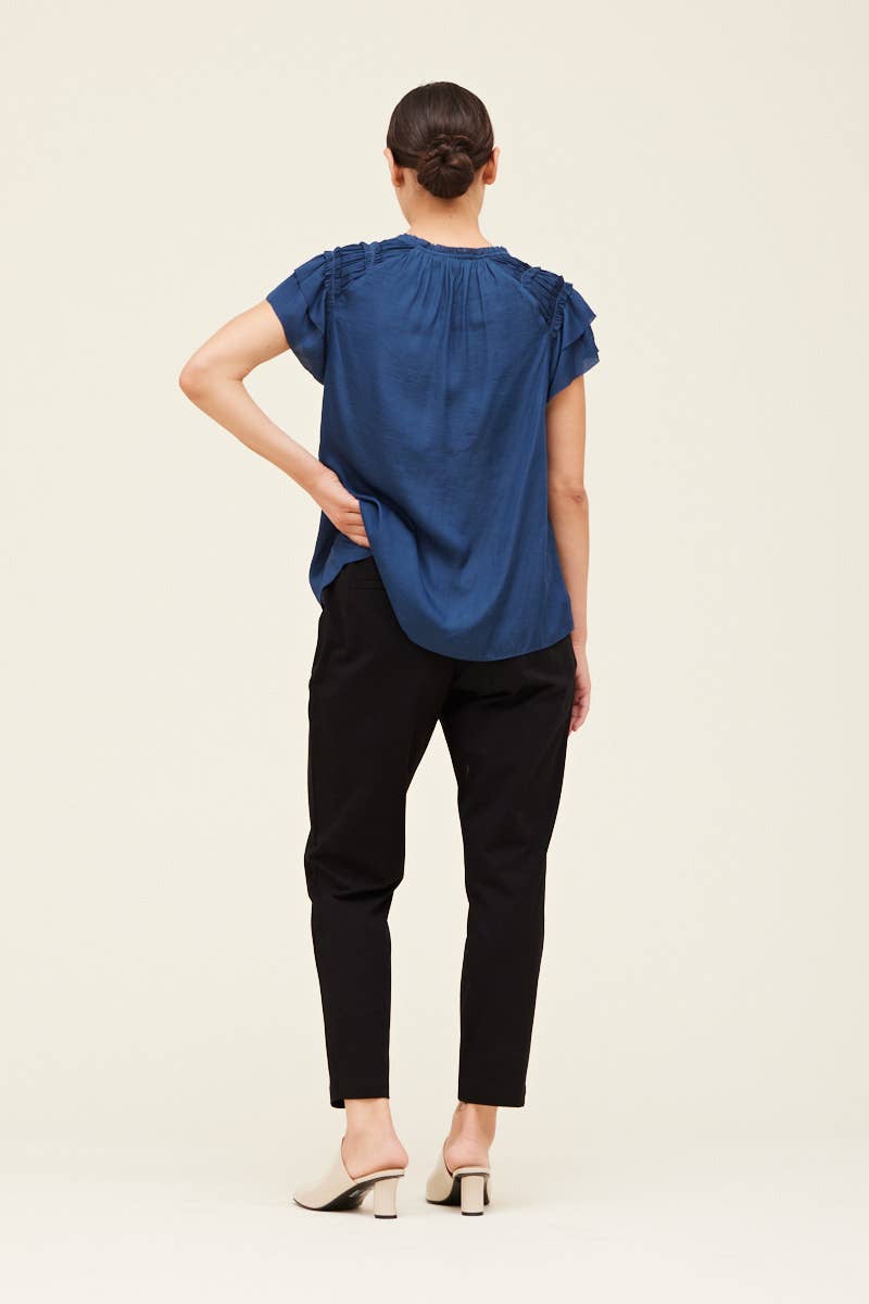 Ruffle Detail Sleeveless Satin Top- Blue Jewel