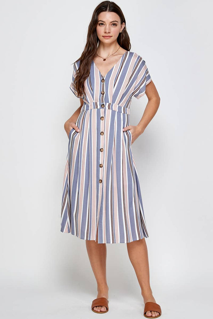 Button Down Stripe Printed Dress