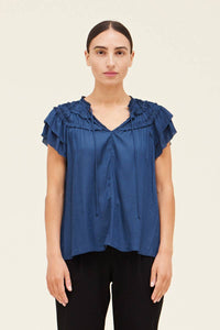 Ruffle Detail Sleeveless Satin Top- Blue Jewel