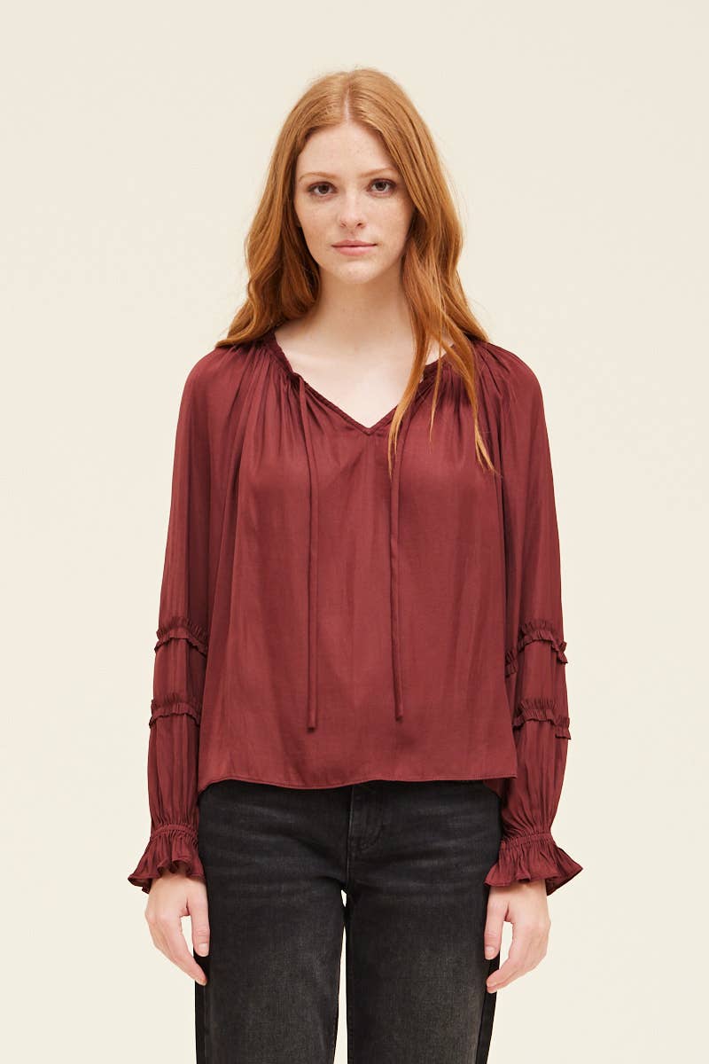 Ruffle Sleeve Blouse- Vino