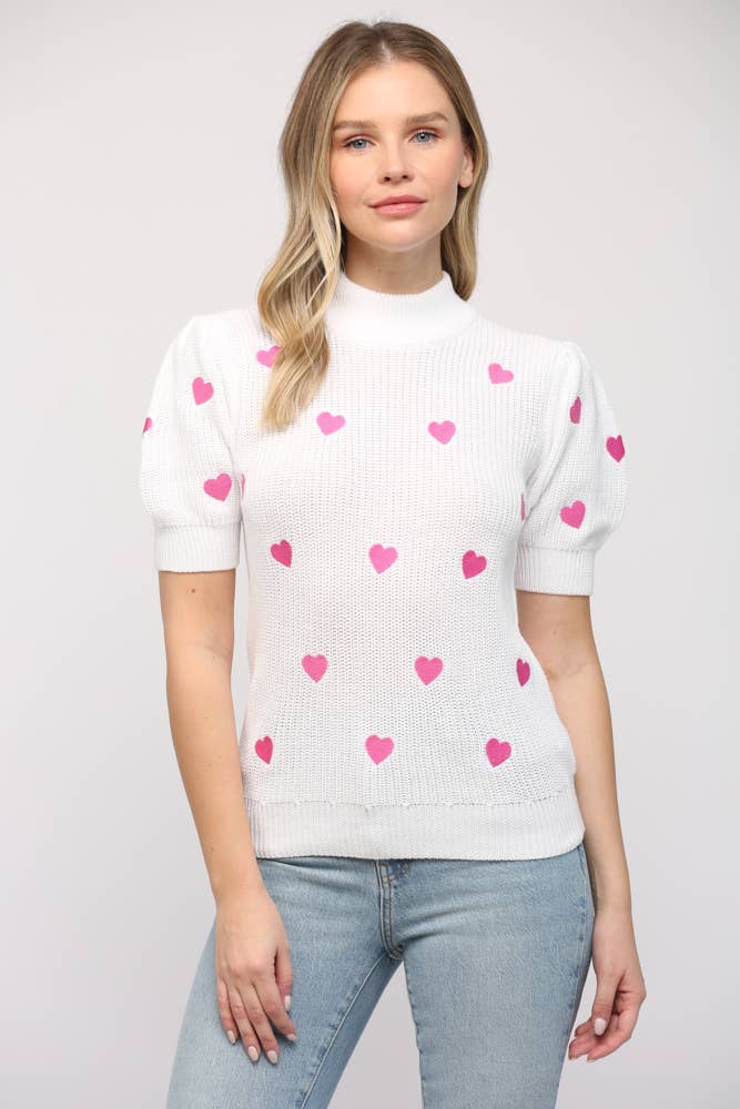 Heart Embroidered Short Sleeve Sweater