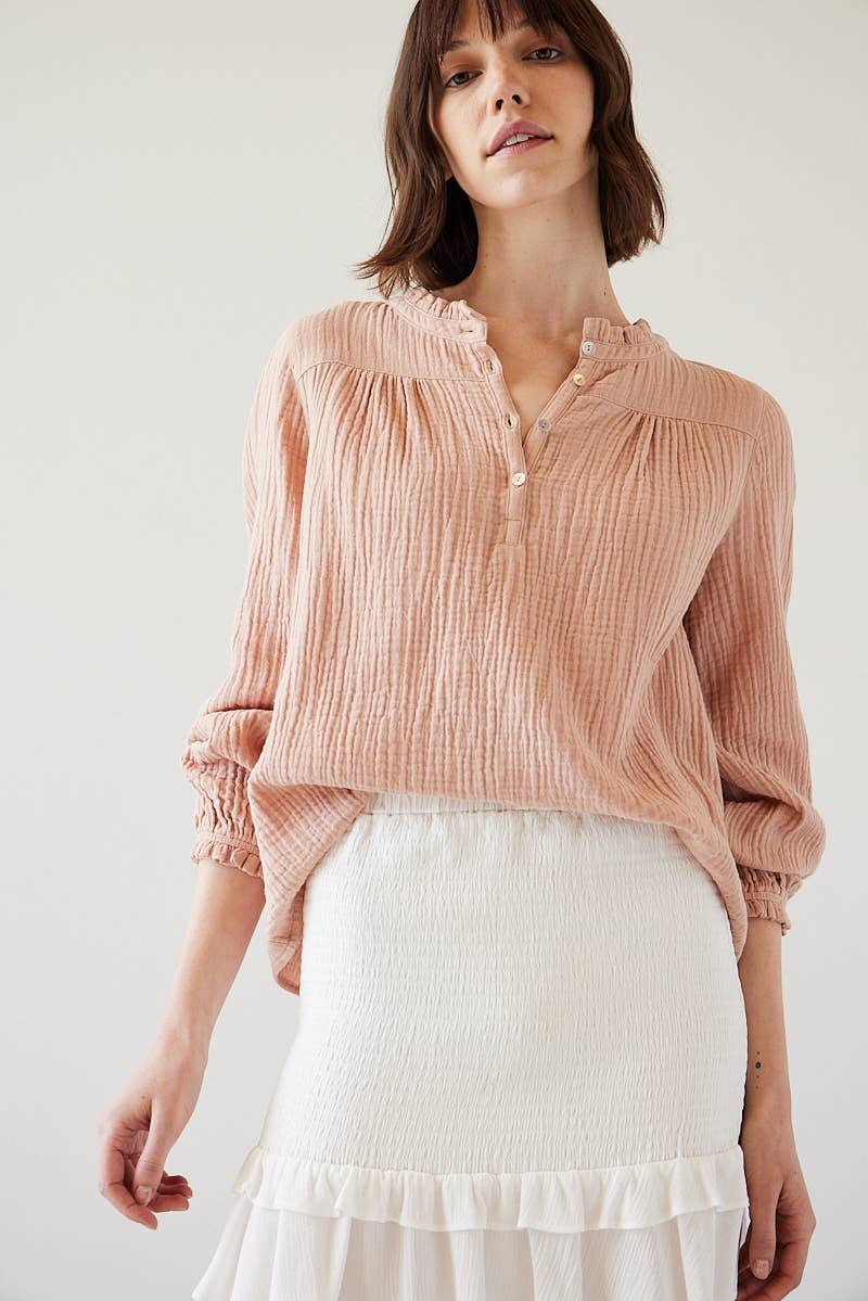 Double Gauze Ruffle Neck Blouse